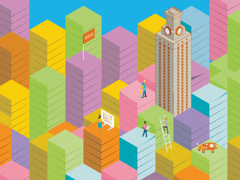 Illustration of people working at UT on top of Sticky Note piles mimicking buildings