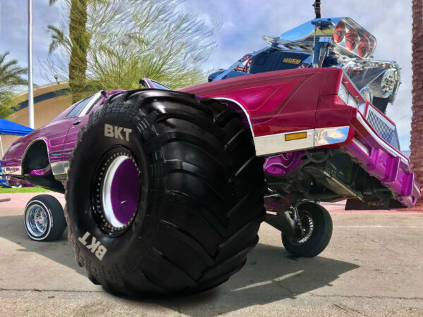 Collage of a lowrider vehicle with a monster truck tire and oversized engine