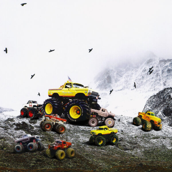 Collage of a monster truck with tiny monster trucks around it on a mountain while birds soar overhead